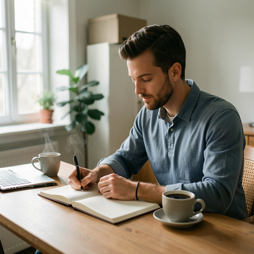 Man journalling at a desk with notebook and morning coffee, soft daylight, editorial composition