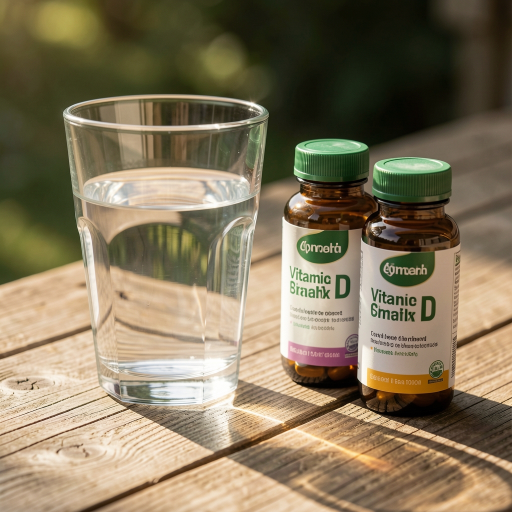 Glass of water next to vitamin D supplement containers on a sunlit wooden surface, minimal editorial composition