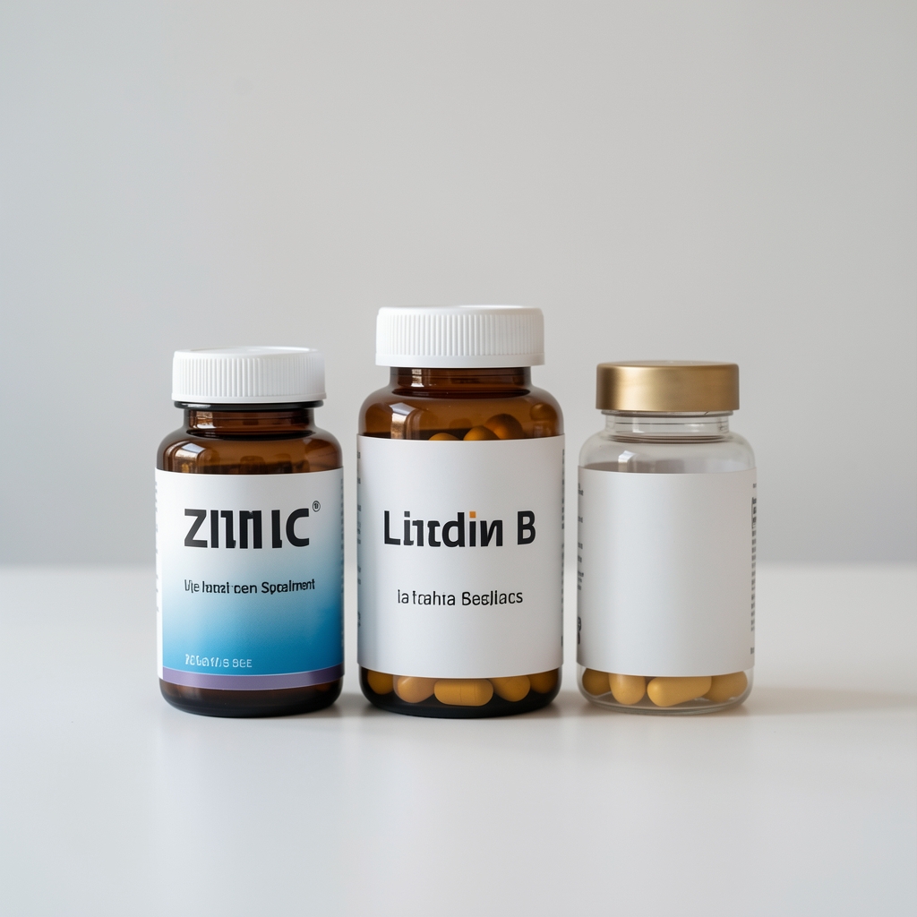 Zinc and B vitamin supplement bottles arranged on a clean surface with a morning newspaper, editorial overhead serving